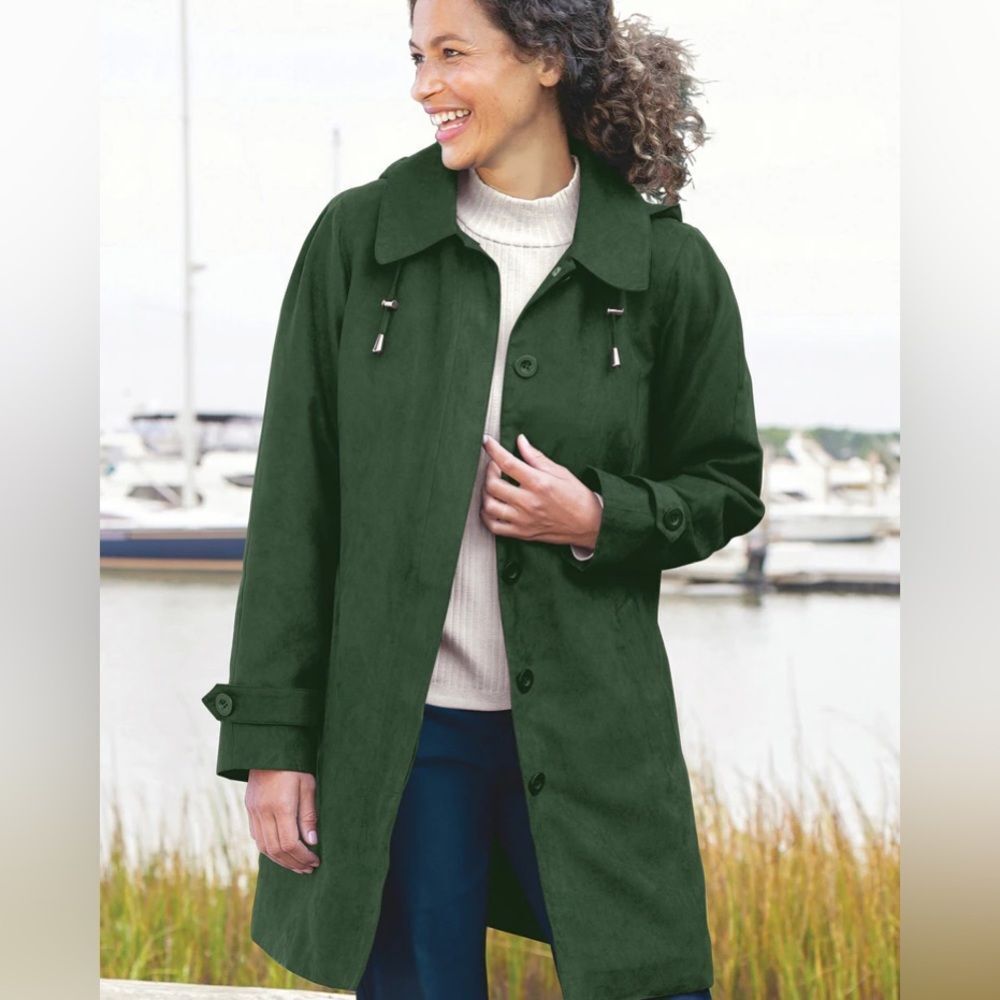Appleseeds Three-Quarter Microsuede Hooded Balmacaan green size xl NWT in pkg